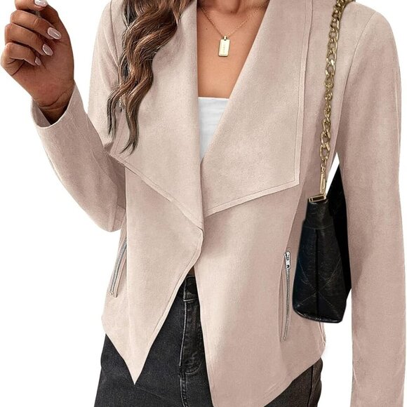 New Women's Faux Suede Cropped Jacket in Beige Apricot, Size M - Picture 1 of 9
